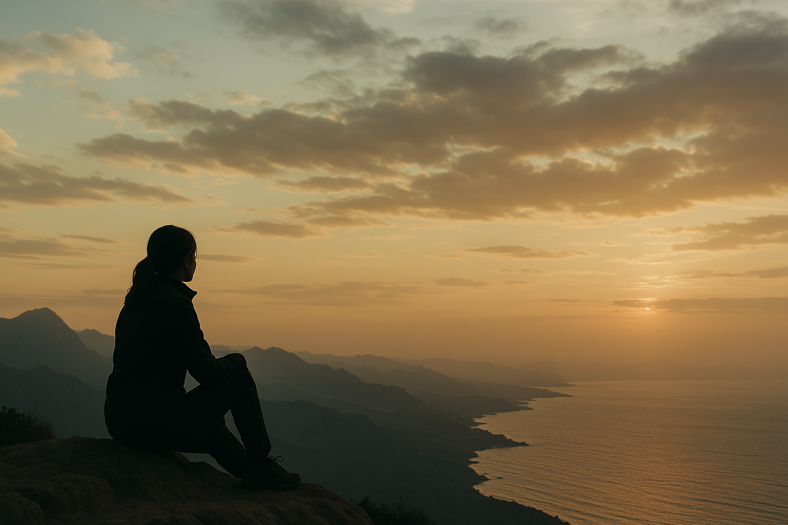 Eine Frau sitzt allein auf einem Felsen und blickt über eine weite Berglandschaft. Die Szene wirkt ruhig, kraftvoll und symbolisiert Selbstreflexion und innere Stärke.